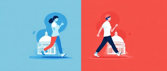 Woman and man walking near the Capitol Building in Washington DC Illustration of healthy lifestyle, exercise, and tourism in the United States
