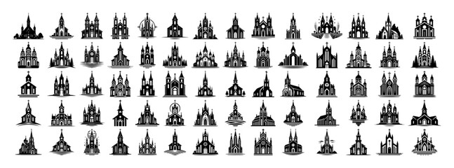 black vector church icons set – minimal outline christian buildings
