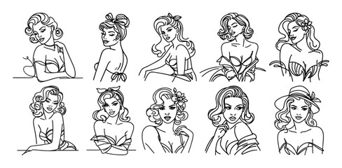 retro woman face illustrations set – outline pin-up girl vector portraits