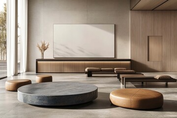 Modern minimalist lobby, featuring natural light, light beige and warm wood tones, and round seating