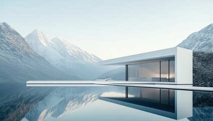 Modern mountain home overlooking a reflecting pool