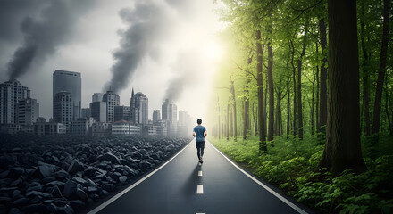 Person walking from polluted city to green forest, road dividing environmental extremes, hope for future