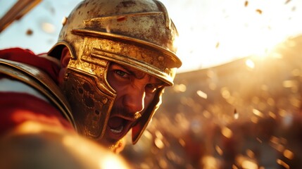 A fierce warrior in ornate armor, shouting amidst a chaotic battle scene, evoking themes of bravery, courage, and the ancient struggles of warriors.