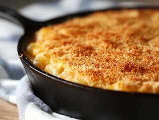 A classic American mac and cheese with a golden, crispy breadcrumb topping, served in a cast iron skillet