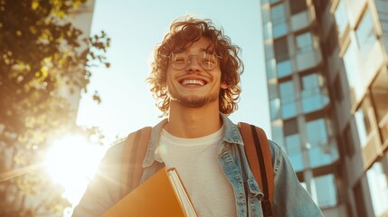 A happy young man smiles brightly as he walks outdoors, embodying positivity and joy in life, with a sunny background capturing the essence of youthful energy and freedom.