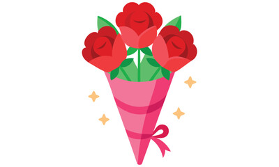 A vibrant bouquet of three red roses with green leaves and a pink wrapper tied with a pink ribbon isolated on white background