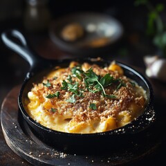 A classic American mac and cheese with a golden, crispy breadcrumb topping, served in a cast iron skillet
