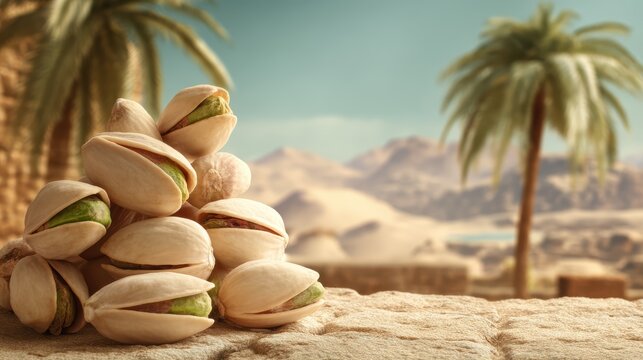 Green pistachio nuts in shell on a softly blurred desert oasis backdrop under perfect lighting