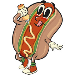 cute hot dog mascot cartoon vector illustration give yourself mayonnaise or ketchup sauce, funny fast food character isolated on transparent background, work of hand drawn