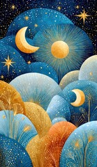 A vibrant celestial scene featuring moon phases, shining stars, and colorful mounds, embodying a sense of wonder and cosmic beauty. Ideal for spiritual and artistic themes.