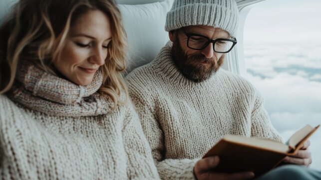 A heartwarming scene of a couple enjoying a peaceful moment reading together on a plane, showcasing their connection and comfort through shared leisure activities.