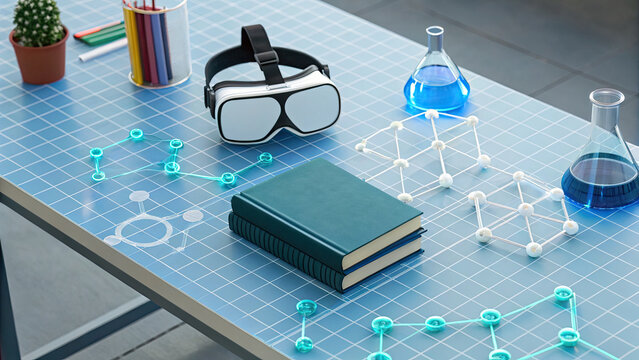 Modern science workspace featuring book, virtual reality headset, molecular models, and laboratory glassware on grid patterned table