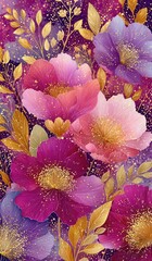A vibrant arrangement of colorful flowers showcasing shades of pink, purple, and gold, set against a rich background. Ideal for nature lovers and floral enthusiasts.