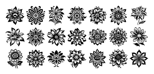 decorative flower icons set – black and white vector floral collection