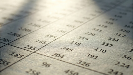 Close up view of grid of numbers printed on textured paper, illuminated by soft light, creating calm and analytical atmosphere