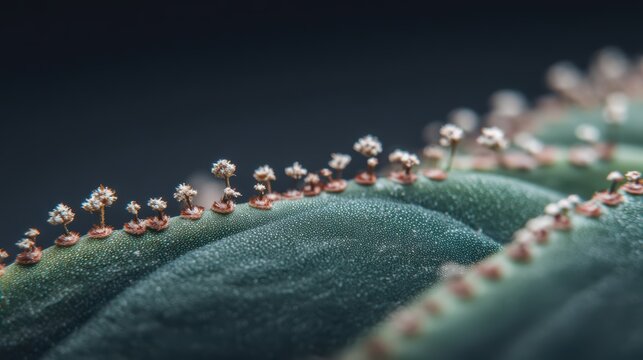 Macro close-up of cactus skin texture with raised areoles and tiny spines under soft desert light