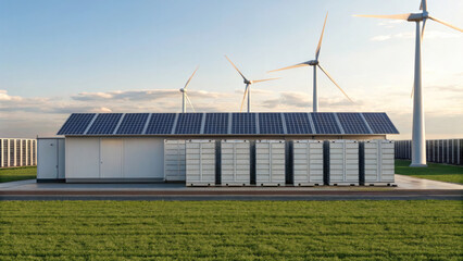Obraz premium Renewable energy facility featuring solar panels, wind turbines, and battery storage units, set in green field under clear sky
