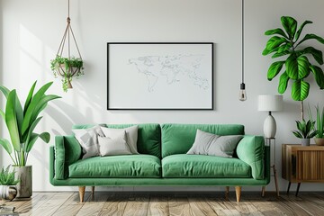 Stylish Scandinavian Living Room with Design Mint Sofa Furnitures Mock Up Poster Map Plants and Eleg