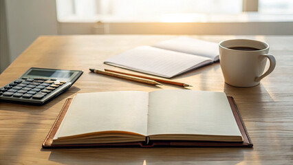 Open notebook on wooden desk with calculator, pencils, closed notebook, and cup of coffee, illuminated by warm sunlight