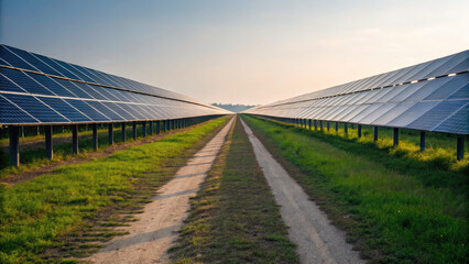 Solar panels in large field with dirt path in middle, capturing sunlight for renewable energy production