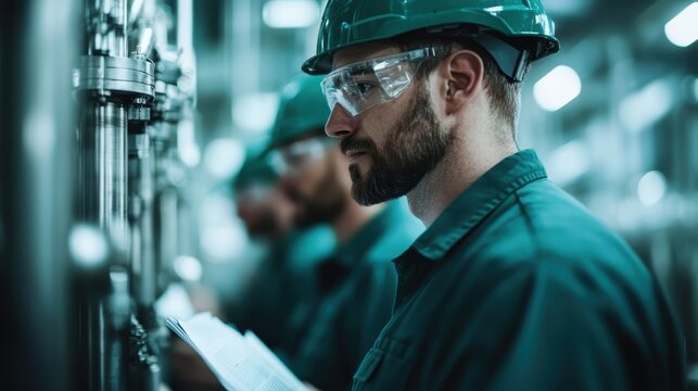 A dedicated worker wearing protective gear inspects industrial machinery, embodying the professionalism and precision involved in the modern technological environment.