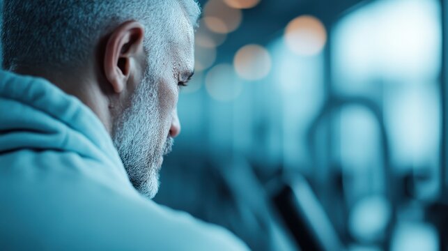 A mature man with a thoughtful expression stares into the distance, capturing a moment of reflection in the gym, signifying personal growth and determination in fitness.