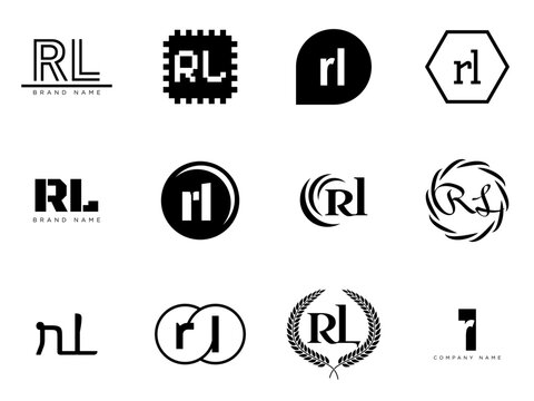 RL logo company template. Letter r and l logotype. Set different classic serif lettering and modern bold text with design elements. Initial font typography.