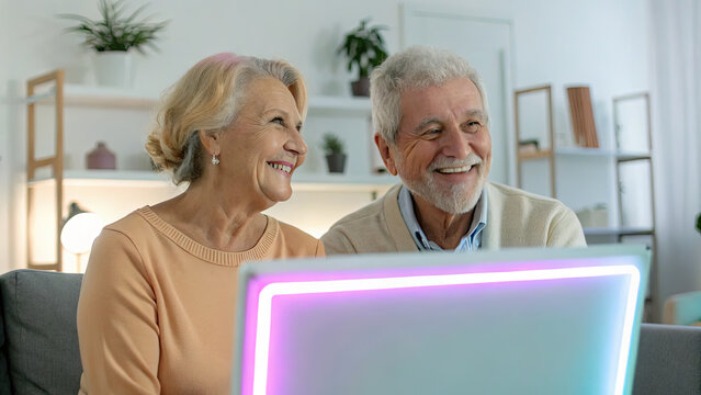 Senior couple smiling while using glowing laptop in cozy living room, enjoying technology and connection - Powered by Adobe