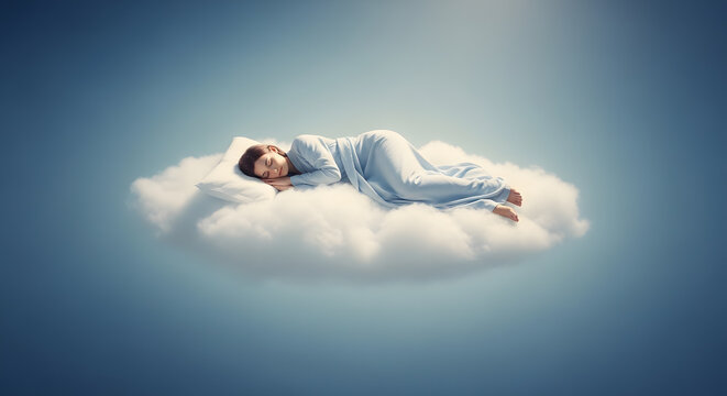 Woman peacefully sleeping on a fluffy cloud, in a dreamy sky background, concept of restful sleep and imagination