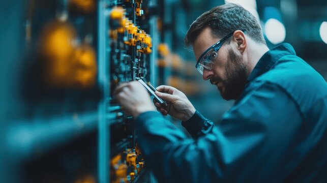 A focused engineer in protective gear meticulously inspecting electrical components in a modern workspace, highlighting innovation and technical expertise in engineering.