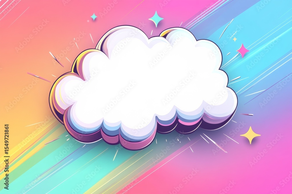 Poster cartoon cloud with blank space for text on gradient rainbow background with sparkles, ideal for pres