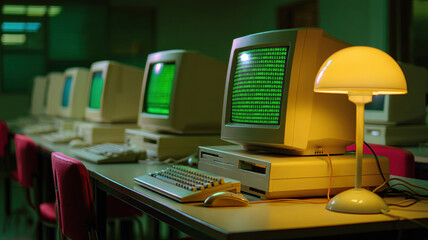 A moody, nostalgic scene of a vintage computer lab with beige PCs and CRT monitors displaying glowing green code, illuminated by a warm desk lamp. Evokes retro computing.