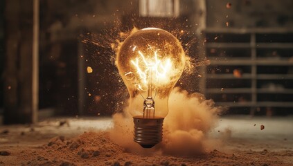 Exploding lightbulb in dusty workshop