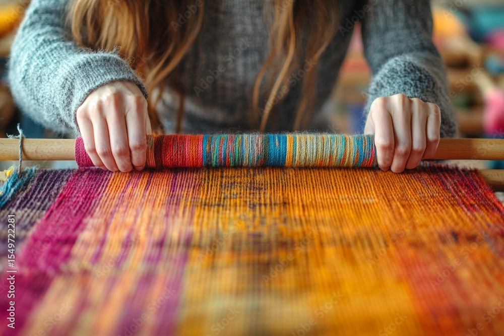 Poster artisan creating handmade textile with colorful threads using traditional weaving loom