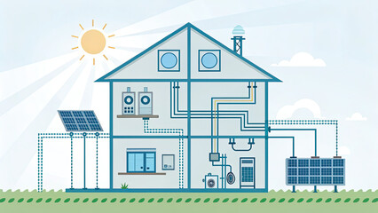 Cross section illustration of modern energy efficient house showcasing solar panels, water heating systems, and energy storage solutions
