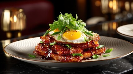 Maple-glazed bacon stack with fried eggs on a softly blurred diner counter backdrop under perfect lighting