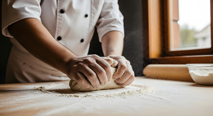Chef Kneading Dough, on a Wooden Counter, in a Bright Kitchen, homemade goodness, culinary arts, healthy lifestyle