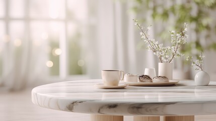 Marble coffee table mockup with brunch spread and space for text on a softly blurred living room backdrop