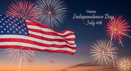 Happy Independence Day July 4th greeting with the American flag waving over a colorful fireworks display against a beautiful sunset sky, a patriotic US holiday celebration background