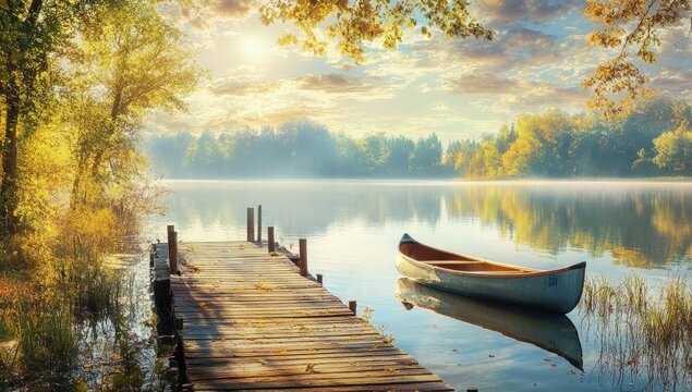 Peaceful autumn lake scene with wooden dock and canoe