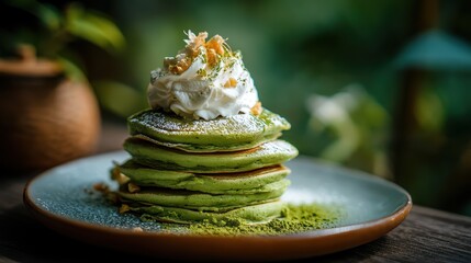 Matcha pancakes stacked with whipped cream on a softly blurred garden brunch table under perfect lighting