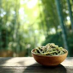 Matcha soba noodles with toasted sesame garnish on a softly blurred bamboo forest backdrop under dappled sunlight