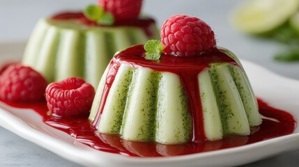 Matcha panna cotta ramekins with raspberry coulis jets on a glossy tray against a softly blurred modern pastry shop under perfect lighting