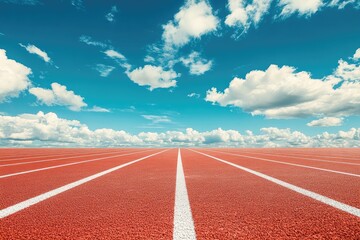 Red running track stretches into a bright blue sky with fluffy clouds