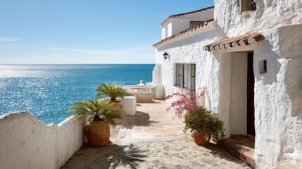 Mediterranean villa with stucco walls and terracotta roof tiles overlooking the sea