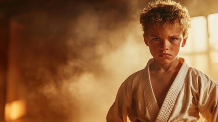 A focused young boy in a karate uniform stands resolutely, embodying determination and discipline in martial arts, showcasing the spirit of youth and perseverance.