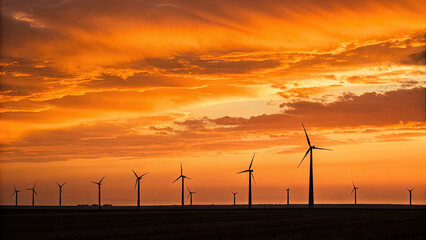 Row of wind turbines stands against vibrant orange sunset sky, symbolizing renewable energy and sustainability in serene landscape