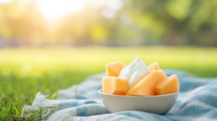 Melon yogurt with cantaloupe cubes on a softly blurred summer picnic blanket backdrop under bright sunlight