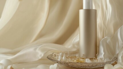 Naklejka premium A luxurious golden serum bottle presented elegantly on a silk fabric showcasing radiant beauty matte