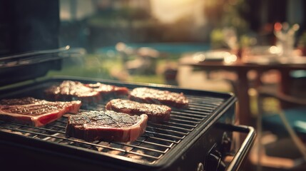 Metal grill mockup with steak cuts and blank text area on a softly blurred backyard BBQ scene